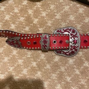 Red genuine leather rhinestone belt